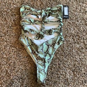 Snake print bandeau swimsuit , color:Sage, size 4